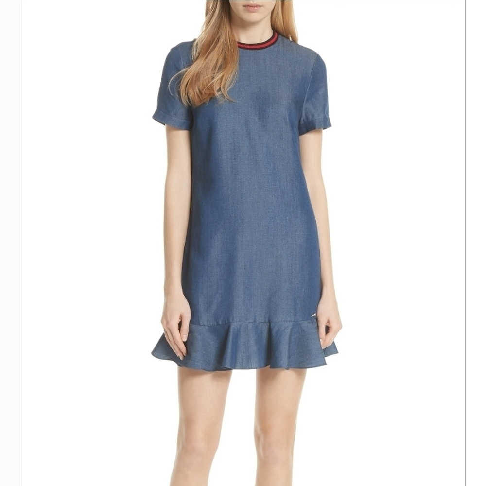 Ted Baker Lyocell Denim Ruffle Hem Mini Dress Blue Size 1 (US 4) Preppy Chic